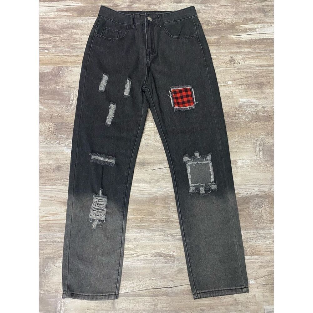 Romwe Distressed Jeans Plaid Patch Black Faded Men’s Cropped Size 30